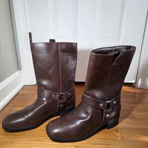 Old Navy Brown Faux Leather Mid-Calf Moto Biker Boots NWOT Women Size 10